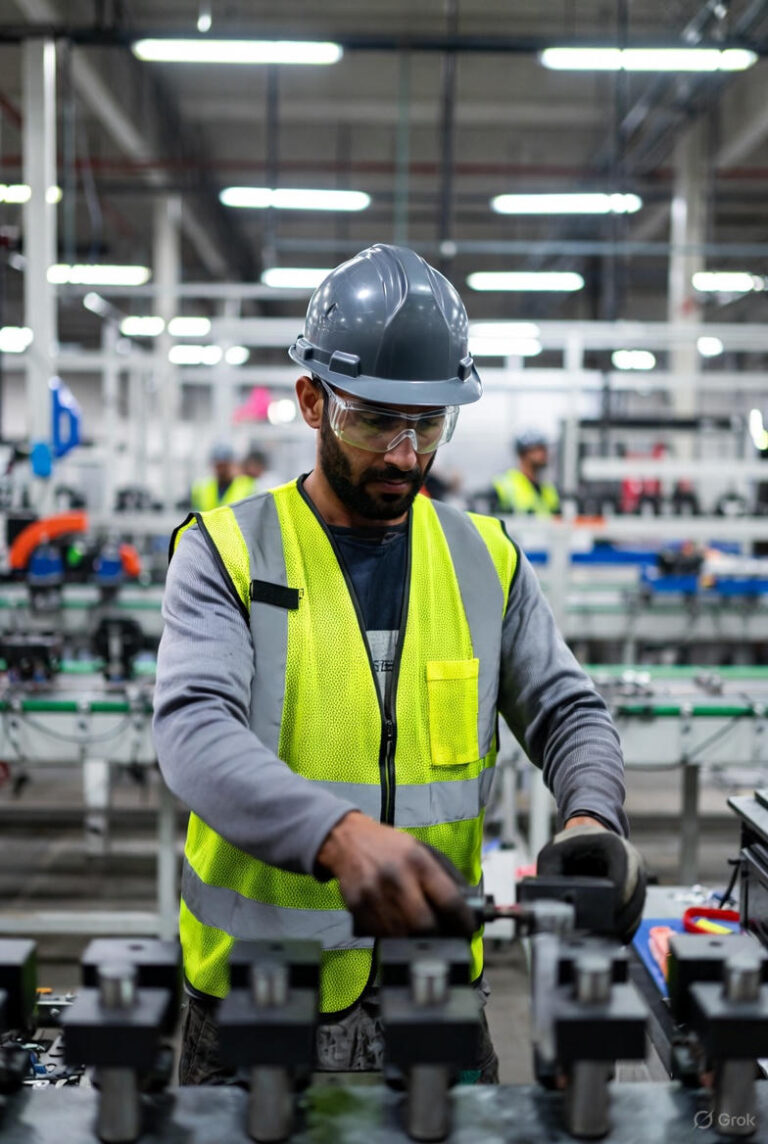 een productiemedewerker die bezig is het zijn werkzaamheden