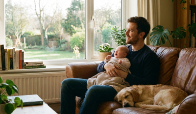 Vaderschapsverlof 2026. Man zit op de bank met zijn baby