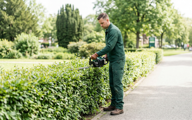 hier zie je aan man die in het groen werkt en een struik aan het snoeien is.