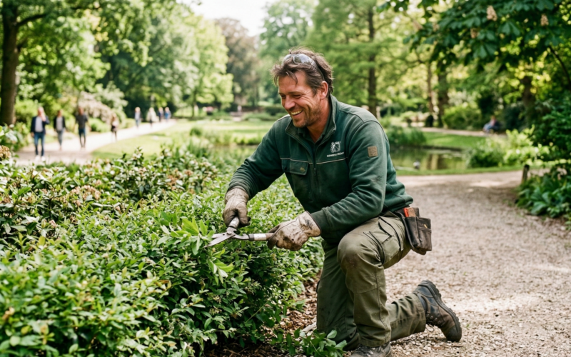 je ziet hier een man die erg tevreden is met zijn werk in de groenvoorziening