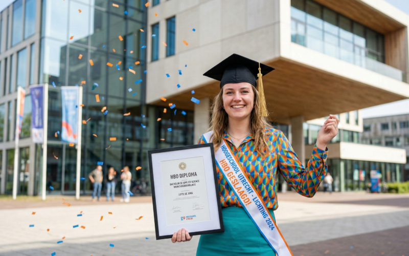je ziet hier een meisje die haar HBO- diploma heeft gehaald