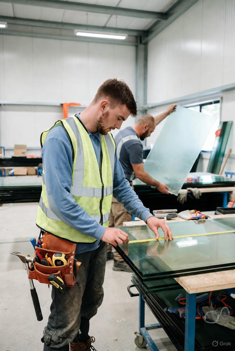 een leerling monteur glas die glas aan het opmeten is in de zaak
