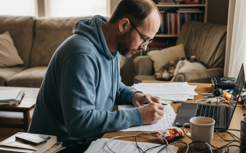 Man is zijn belastingaangifte aan het doen.
