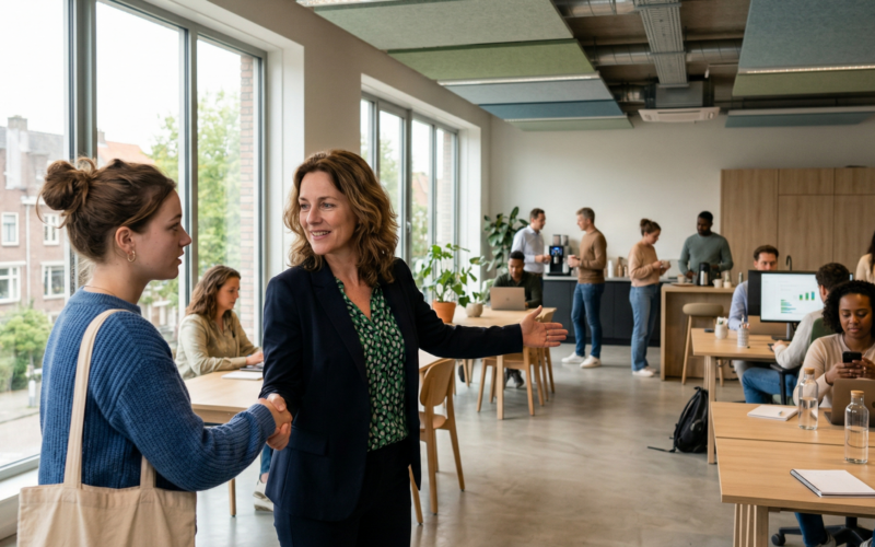 je ziet hier een vrouw die te maken krijgt met haar nieuwe baan.
