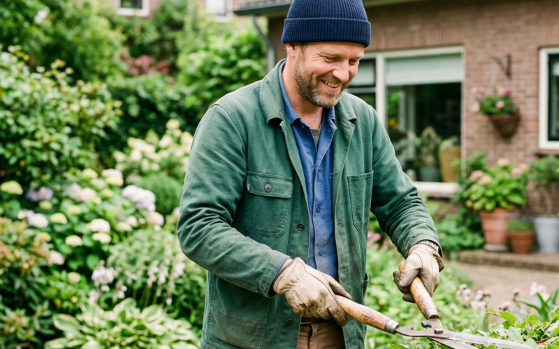 je ziet hier een hovenier die aan het werken is in een tuin van iemand. hij is hier met een heggenschaar een heg aan het snoeien.