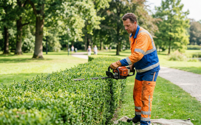 je ziet hier een man die in de groenvoorziening werkzaam is en een struik aan het snoeien is