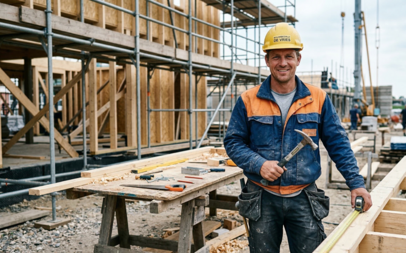 hier zie je aan man die werkt in de bouw