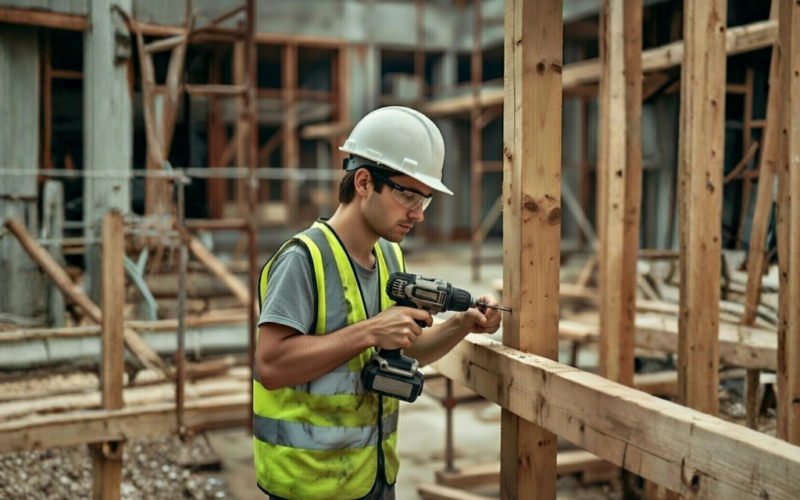een jonge bouw medewerker die aan het klussen is op zijn werk