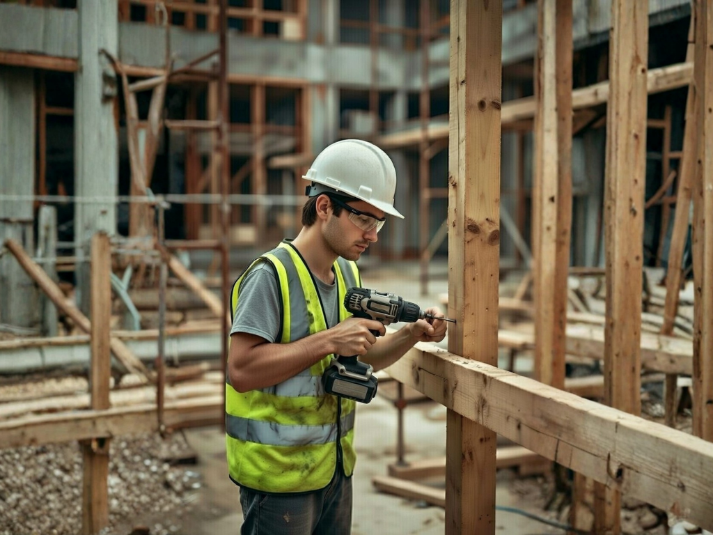 een jonge bouw medewerker die aan het klussen is op zijn werk