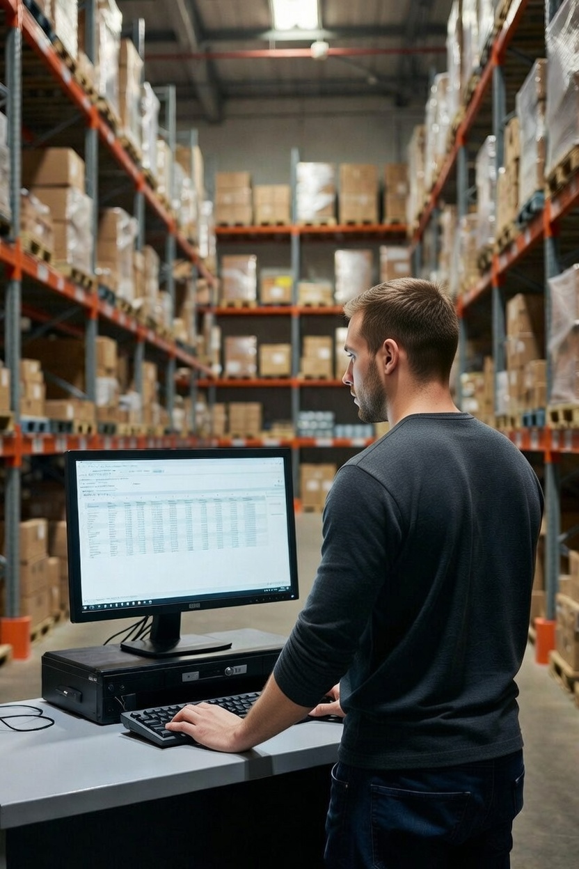 logistiek administratief medewerker in een magazijn met een computer