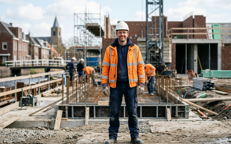 je ziet hier een man die op zijn werk is. hij werkt in de bouw.