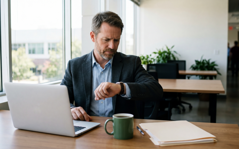 je ziet hier een recruiter die niet blij is. dit komt omdat er iemand niet komt opdagen.