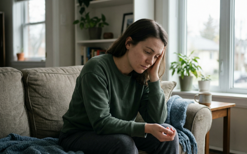 je ziet hier een vrouw die thuis zit door verzuim. dit kan ziekte verzuim zijn maar ook ander soort verzuim.