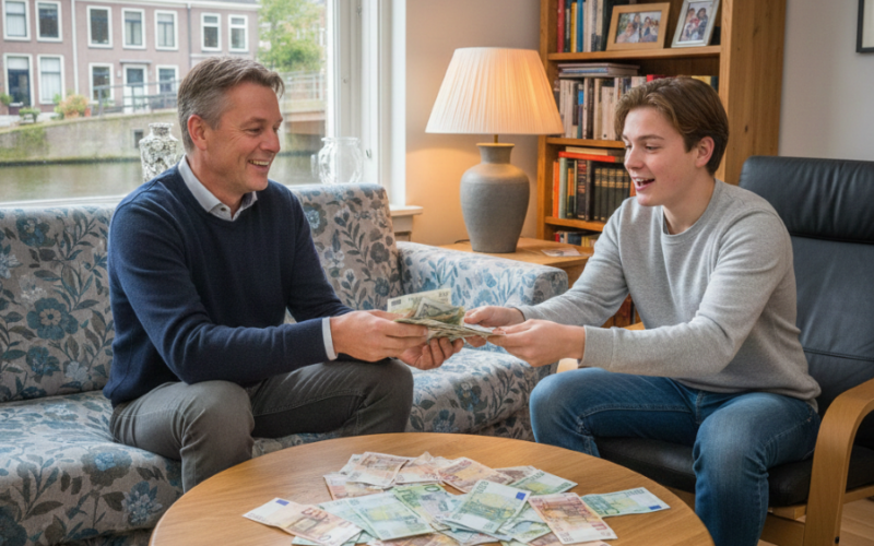 Een vader geeft zijn kind wat geld.