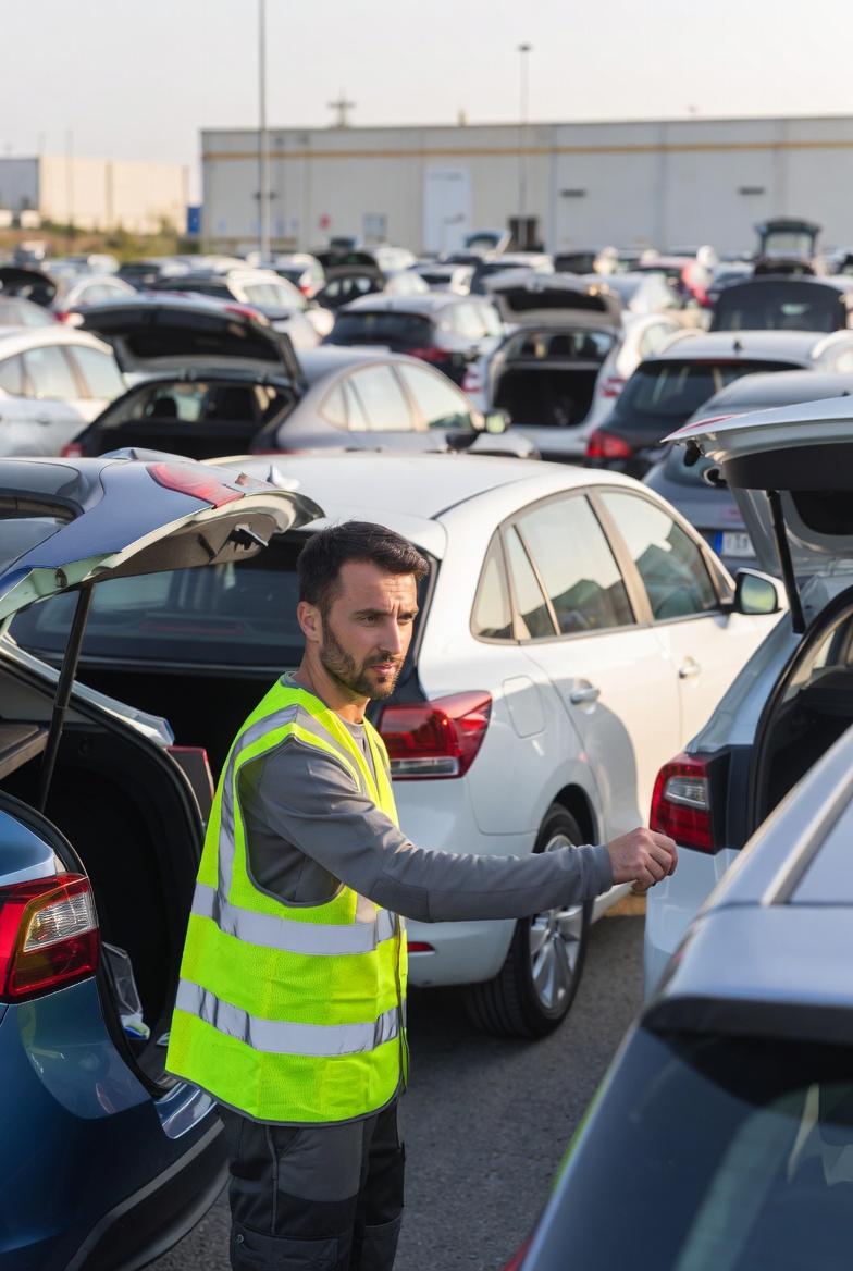 een logistiek medewerker die auto's naar hun plek wijst op een parkeerplaats