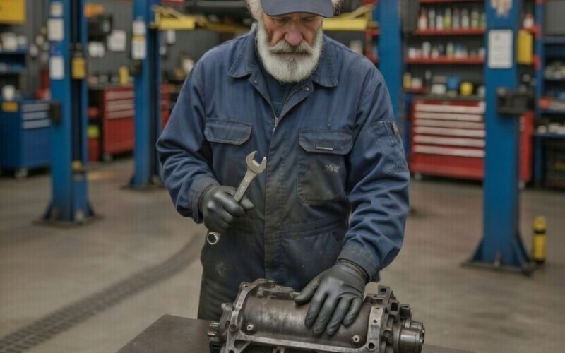 Een oude man die een auto aan het monteren is