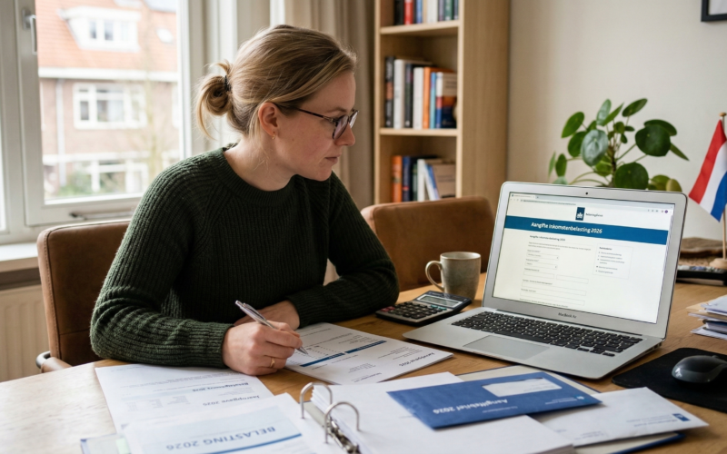 Een vrouw is haar belastingaangifte aan het invullen.