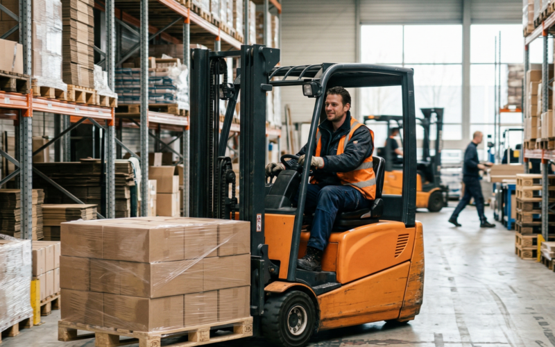 je ziet hier iemand die in de logistiek werkt en dozen aan het verplaatsen is.