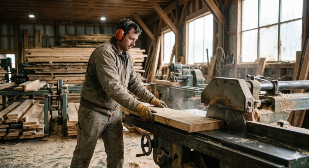 Een man werkt als timmerman.