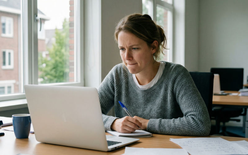 je ziet hier een vrouw die wilt solliciteren maar nog niet weet wat ze wilt. ze zit achter haar bureau te kijken wat het beste bij haar past.