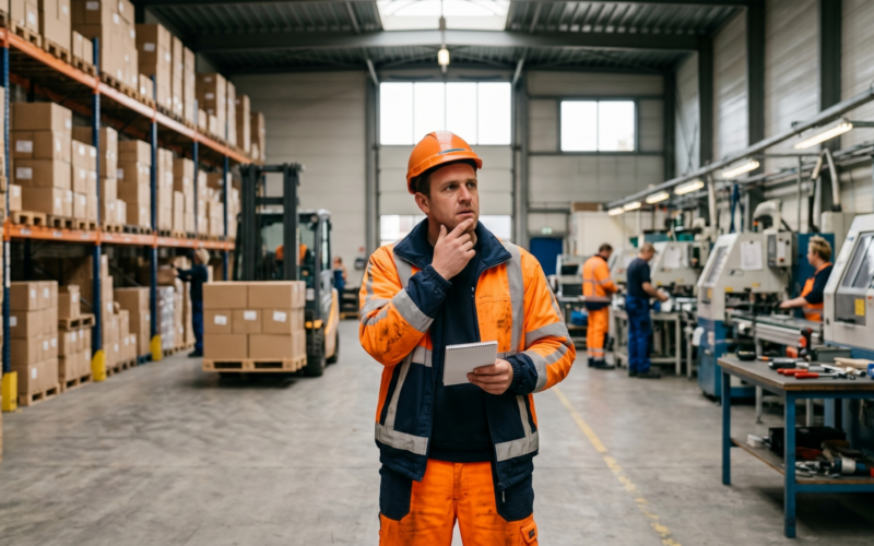 je ziet hier een man die niet weet wat voor werk hij wil. hij staat in het midden van een loods tussen 2 soorten werkzaamheden, namelijk productie of logistiek.