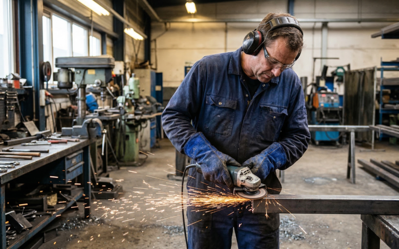 Een man werkt met een slijptol in het metaal.