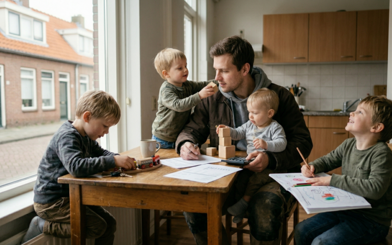 je ziet hier een vader aan tafel zitten met 4 kinderen om zich heen. hij krijgt kinderbijslag