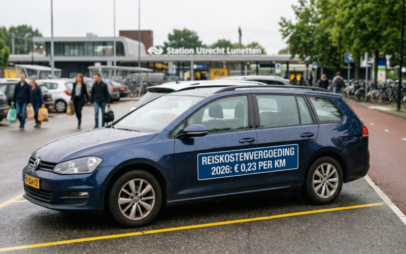 Een Volkswagen met een sticker voor reiskostenvergoeding erop.