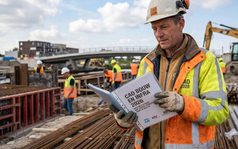 Een man werkzaam in de bouw leest de nieuwe CAO Bouw en Infra 2026
