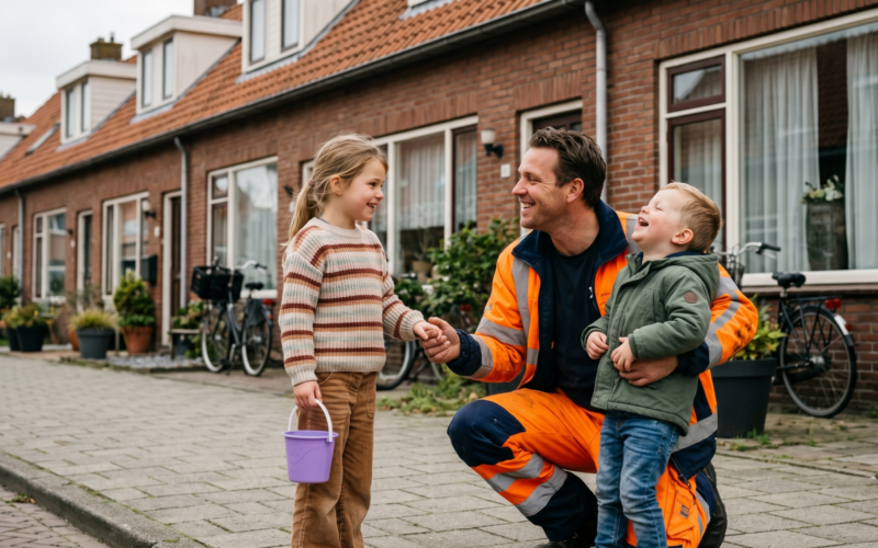 je ziet hier een man die net uit werkt komt en zijn kinderen begroet.