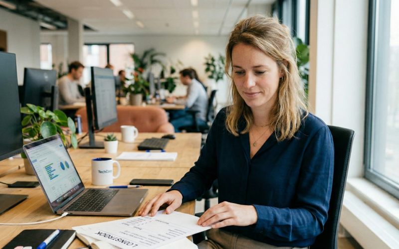 Een vrouw leest haar loonstrook