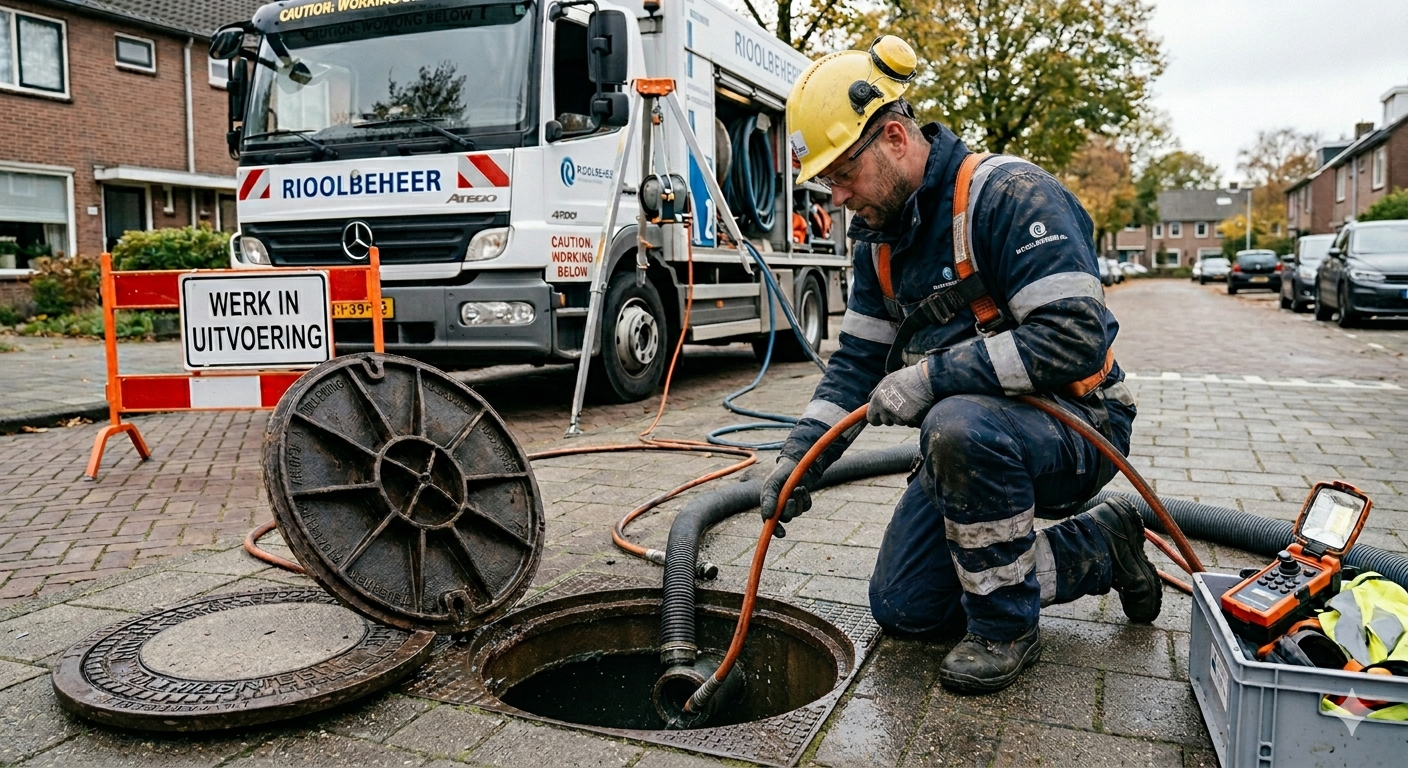 een monteur riolering bezig met zijn werkzaamheden