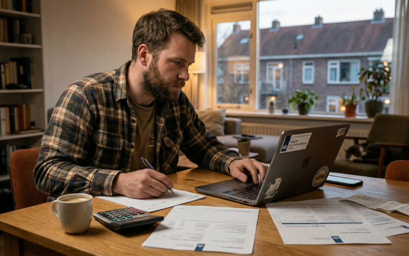 Een man doet zijn inkomstenbelasting.