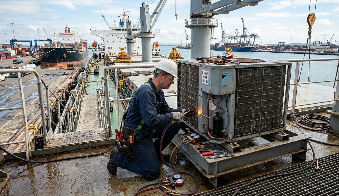 Een aircomonteur die bezig is met het installeren van een airco op een schip in de haven