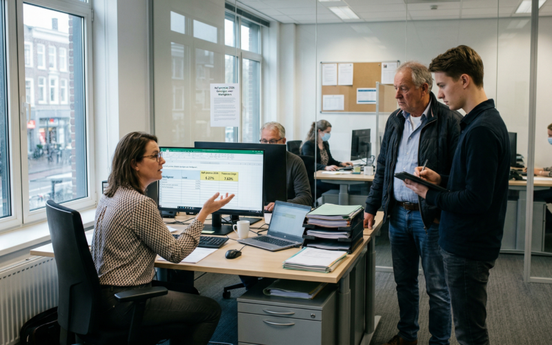 Een vrouw legt de aof premie uit.