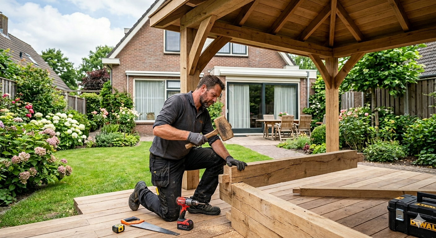 Een montagemedewerker die in iemands tuin een overkapping in elkaar zet