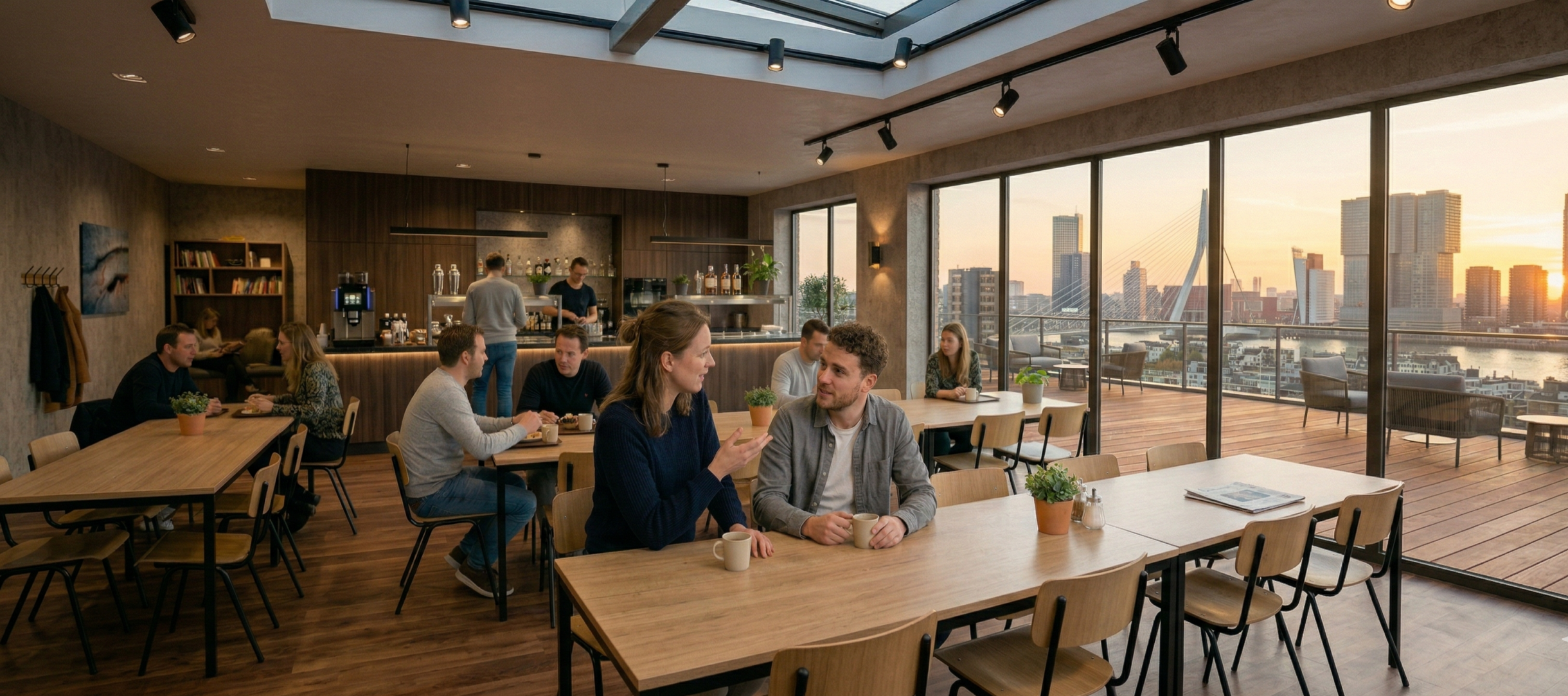 je ziet hier een man en een vrouw. de vrouw geeft de man een tip. met die tip kan zij 250 euro verdienen! ze zitten in een soort kantine met een prachtig uitzicht.