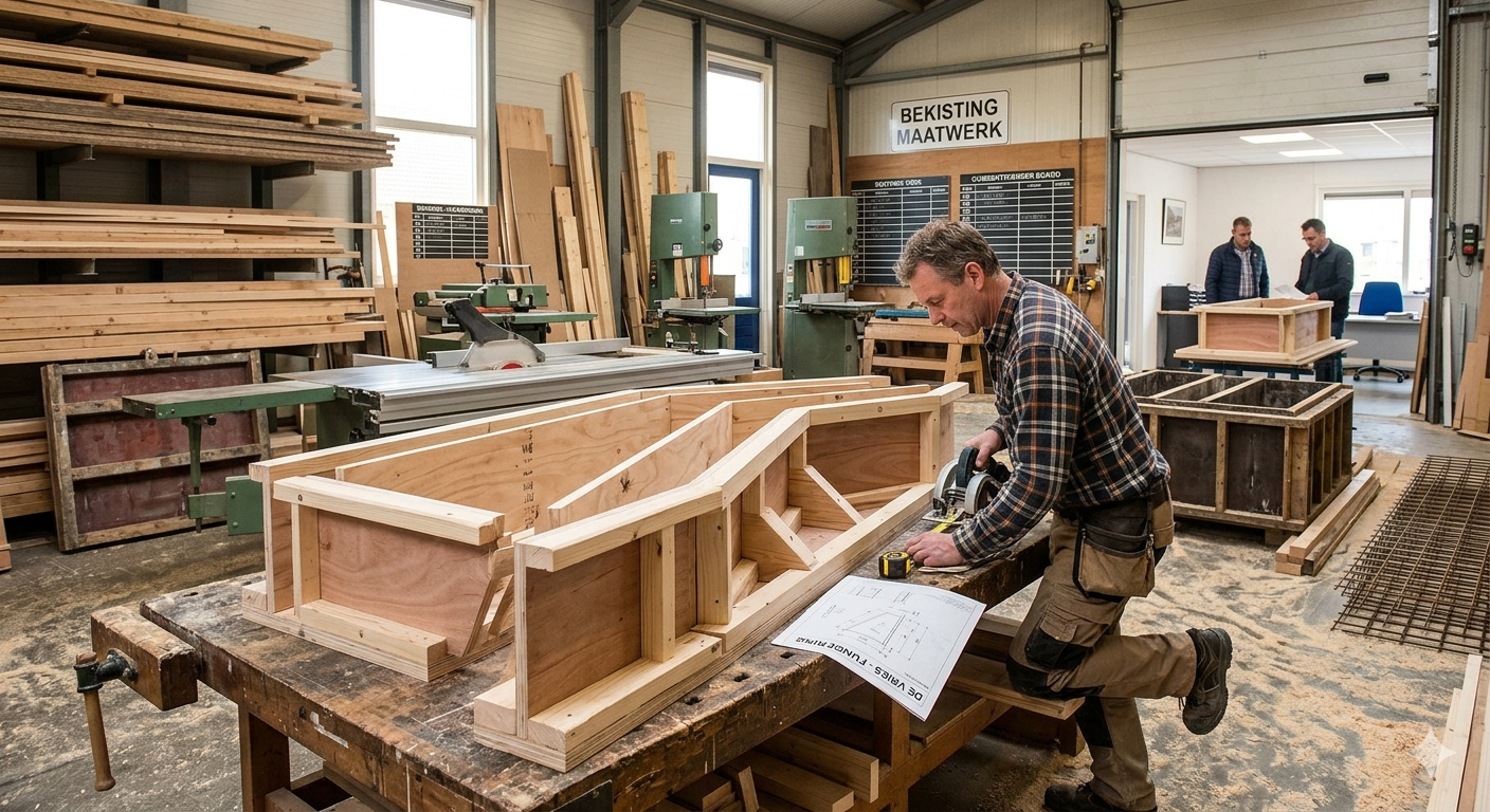 een inpakmedewerker die bezig is met het op maat maken van een houten bekisting
