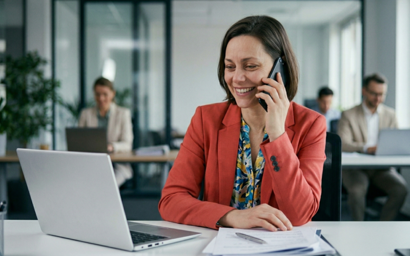 Een vrouw is aan het werk en aan het bellen