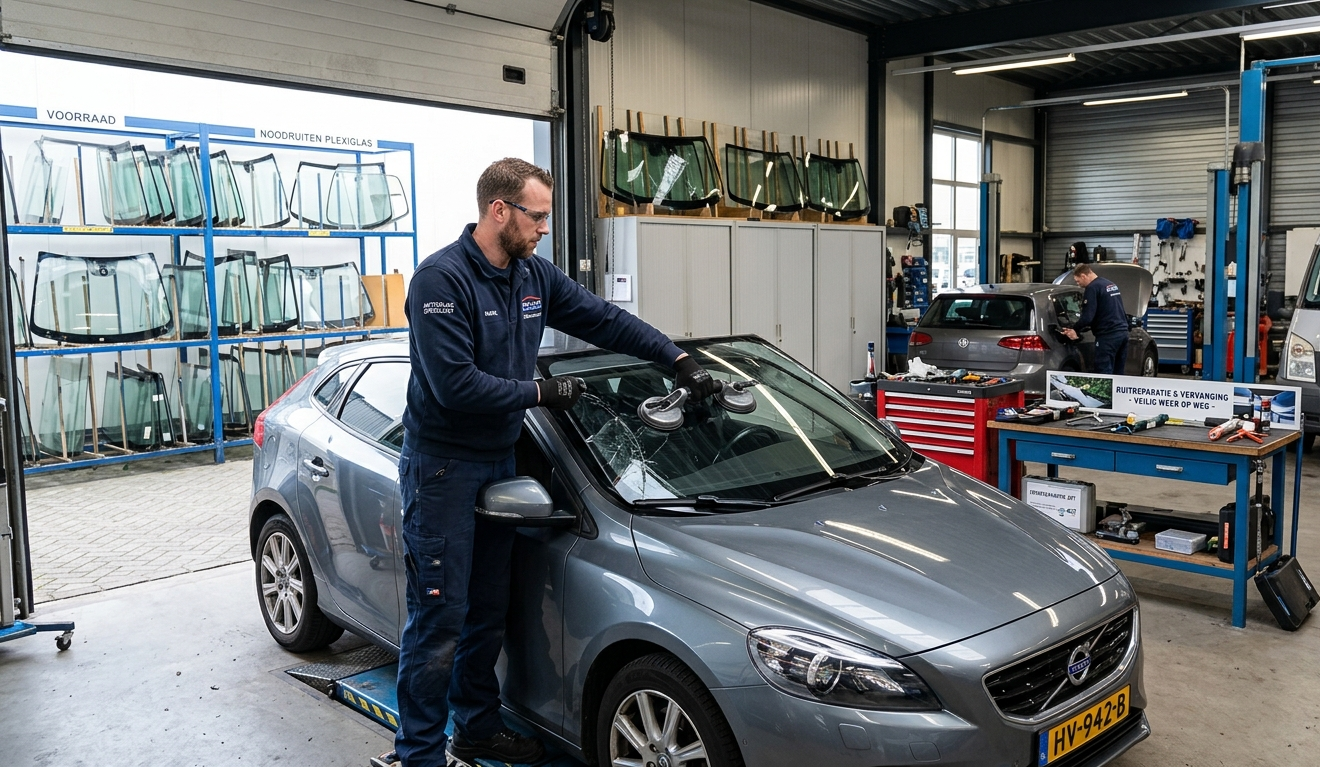 Technisch medewerker autoruiten bezig met het repareren van een auto van een klant