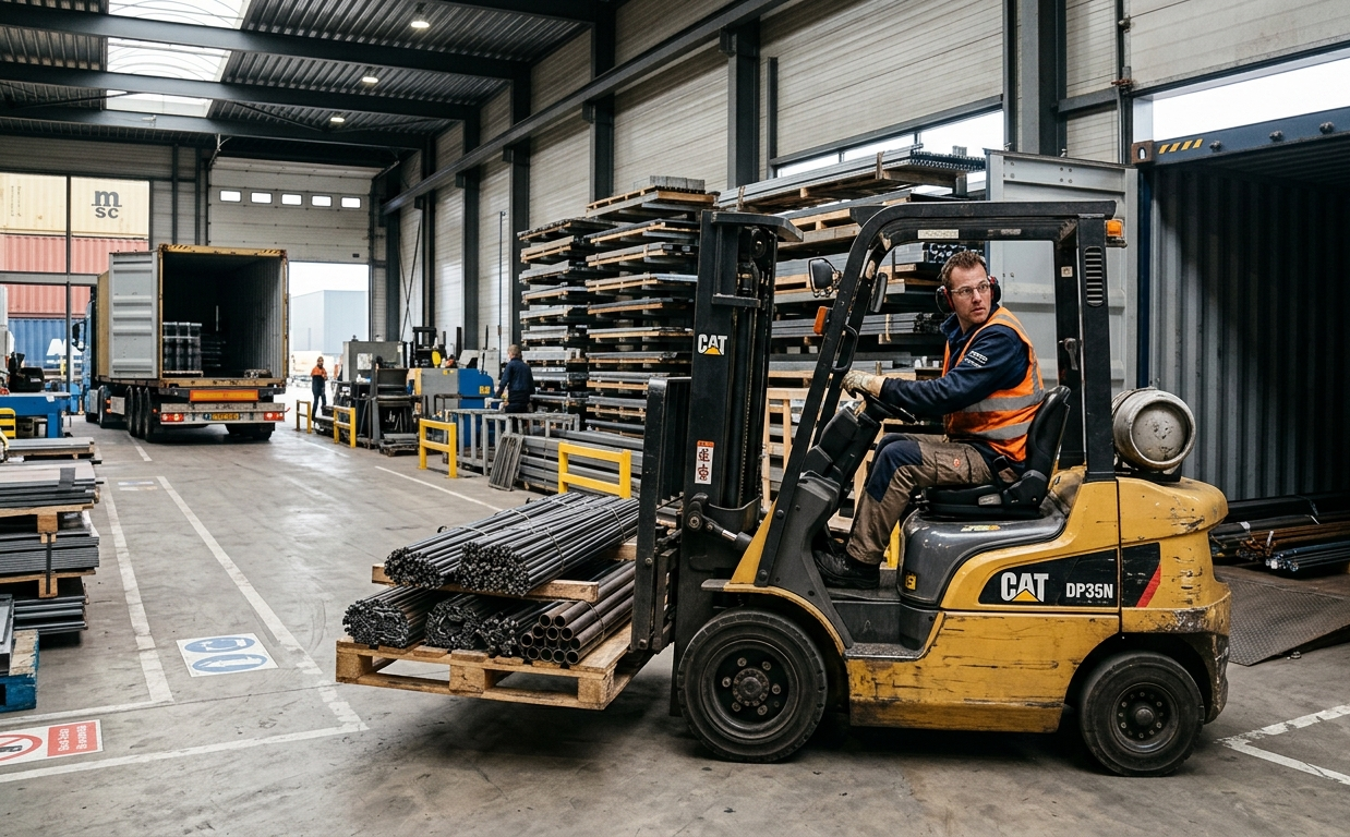Een heftruckchauffeur metaal die aan het rijden is op een heftruck en bezig is met het verplaatsen van metaal in een loods