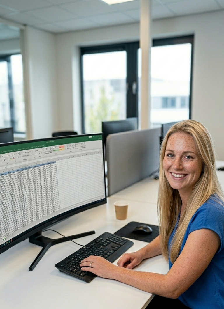 Een vrouw achter haar computer administratie aan het doen