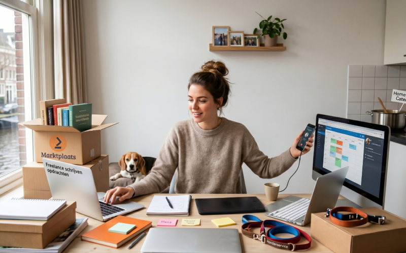 Woman at a cluttered home office desk using a laptop and phone, with stacked boxes and a beagle nearby by the window.