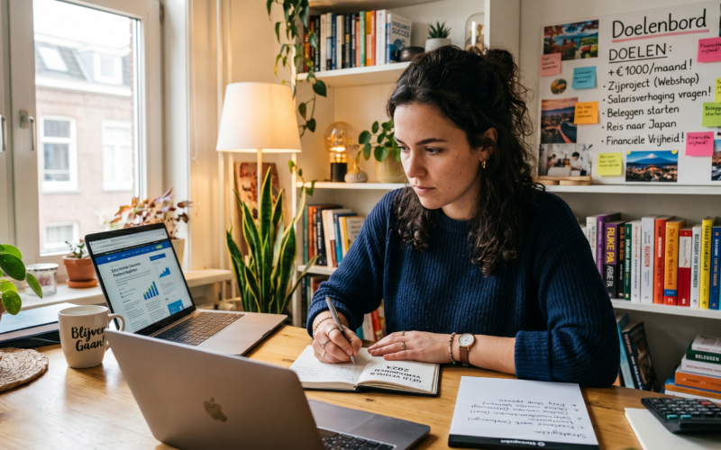 Woman seated at a wooden desk writing in a notebook next to an open laptop, surrounded by plants and a bookshelf in a cozy home office.