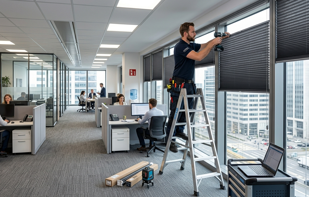 monteur raamdecoratie bezig met het monteren van een hoogwaardige binnenzonwering in een kantoorpand