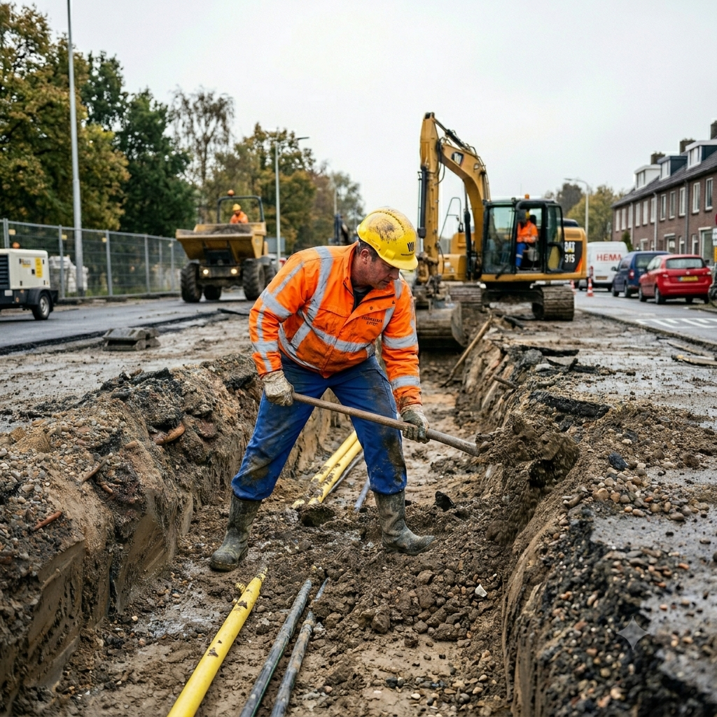 Grondwerker in de wegenbouw aan het werk met sleuven graven