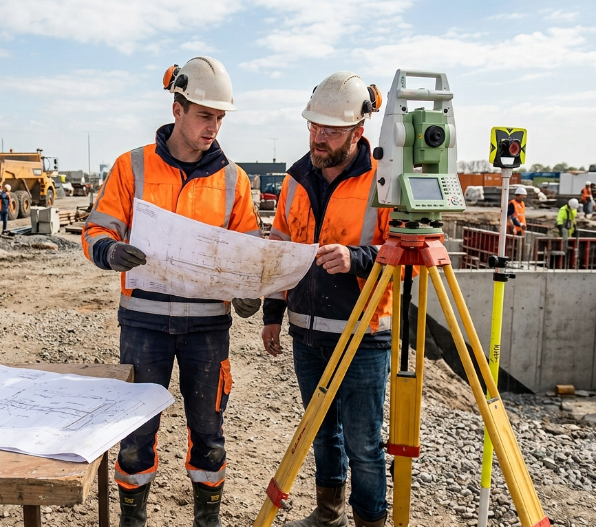 werknemer op een infra werkplaats die samen met een collega overlegt over een werktekening terwijl ze naast zon landmeter apparaat staan