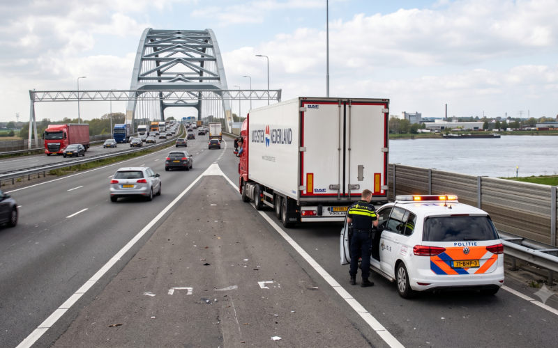 On a wide bridge over a river, a red truck and a large white trailer are stopped on the shoulder as a police car and officer assist nearby.