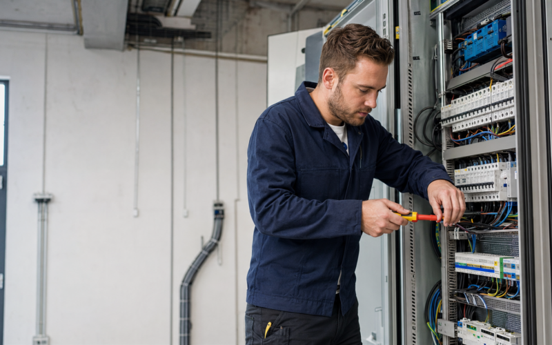 Technician in blue coveralls repairing an electrical control panel with colorful wiring in a server rack room