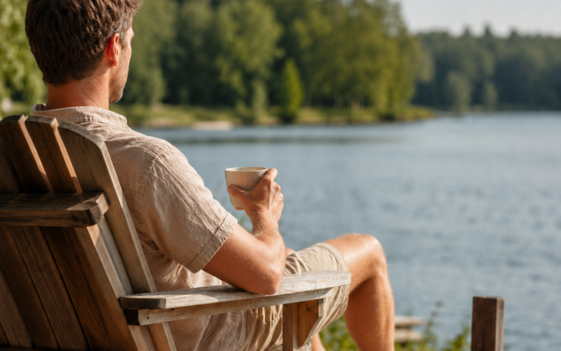Man relaxing on a wooden chair on a dock by a lake, holding a mug and gazing at the water.